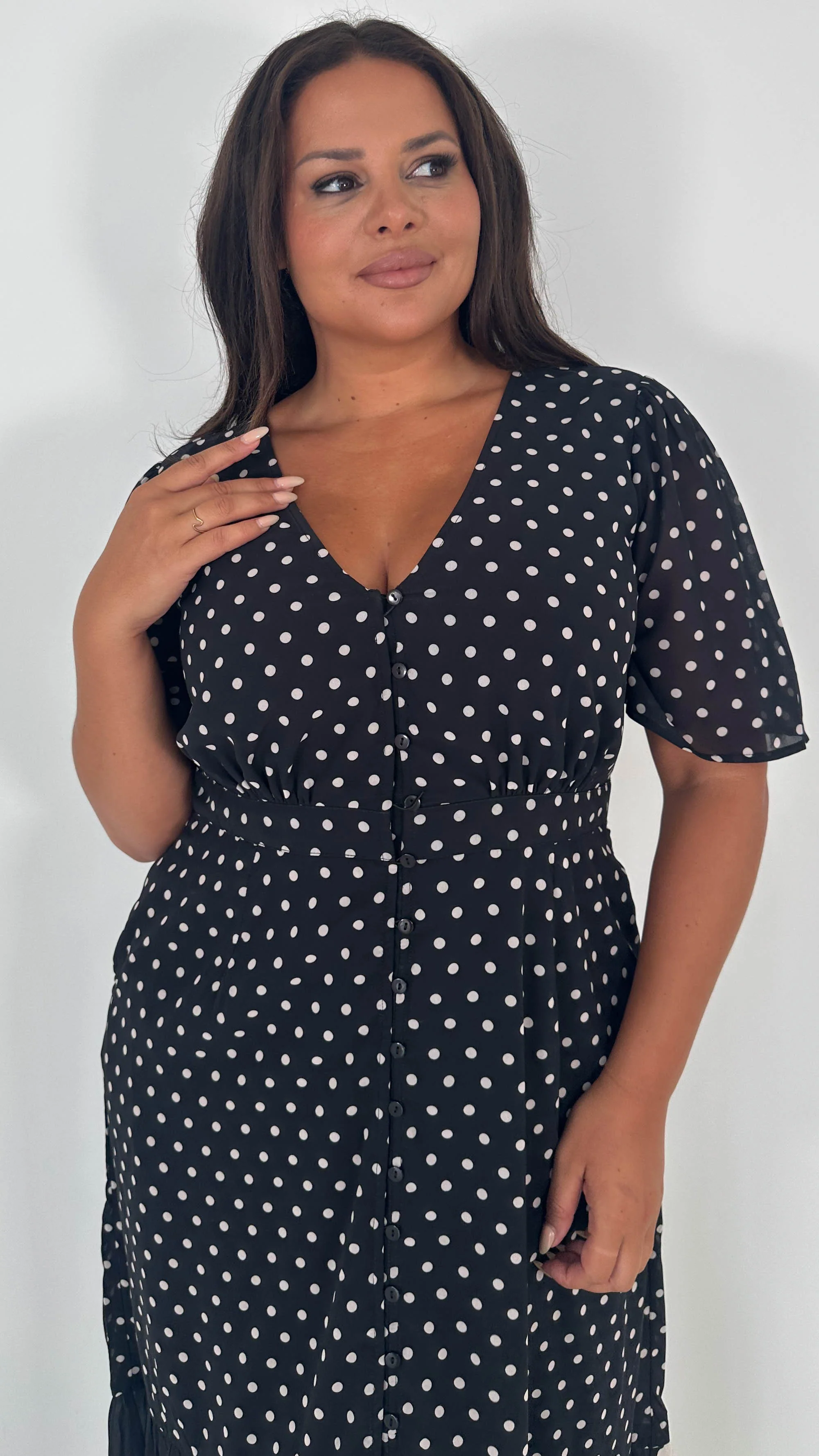 CurveWow Double Spot Frill Hem Maxi Dress Black - Insurauncei