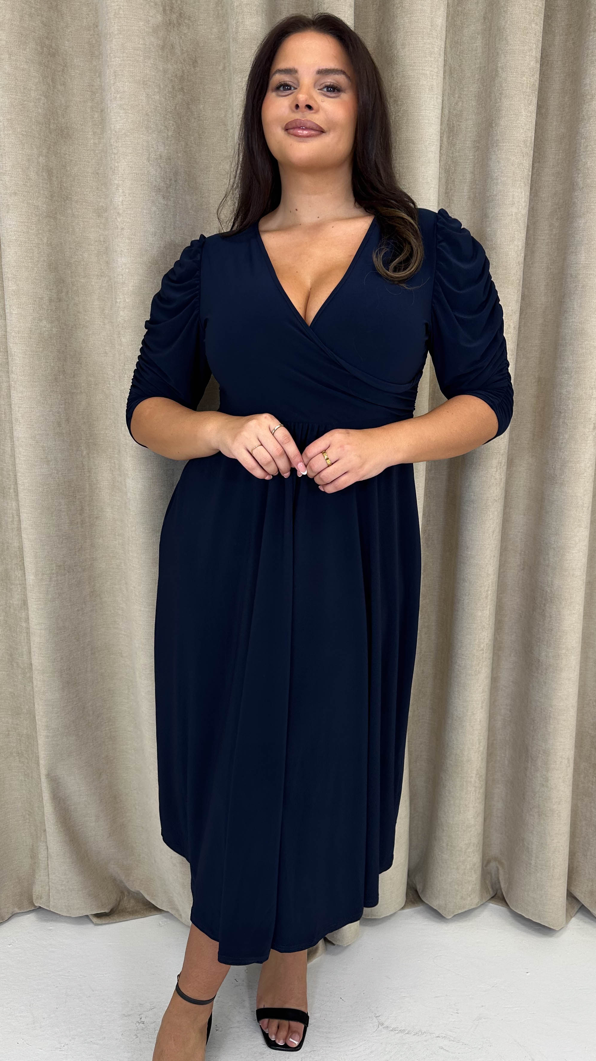 CurveWow 3/4 Balloon Sleeve Wrap Midi Dress Navy - Insurauncei