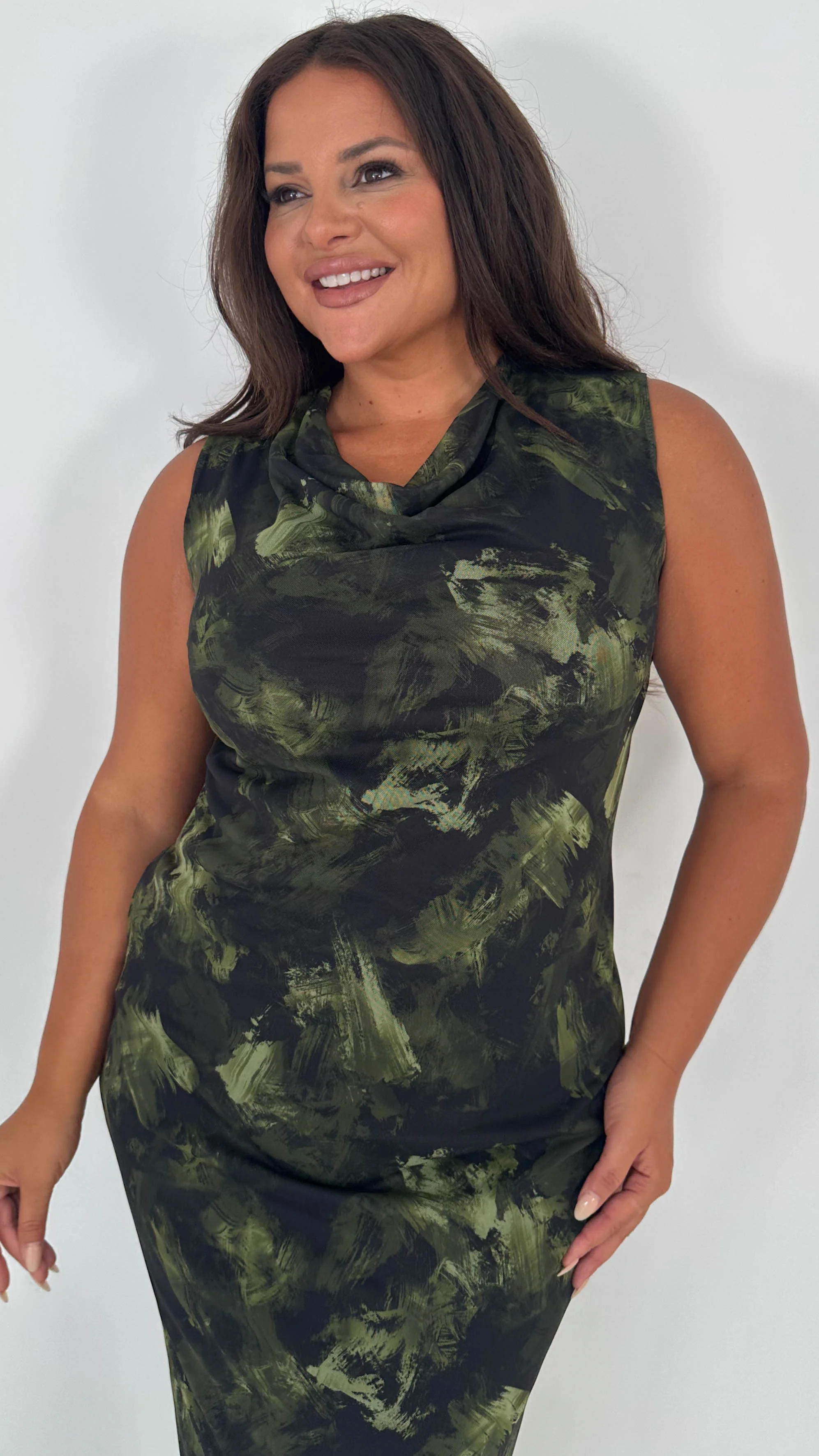 CurveWow Cowl Neck Mesh Midaxi Dress Green Brushstroke - Insurauncei