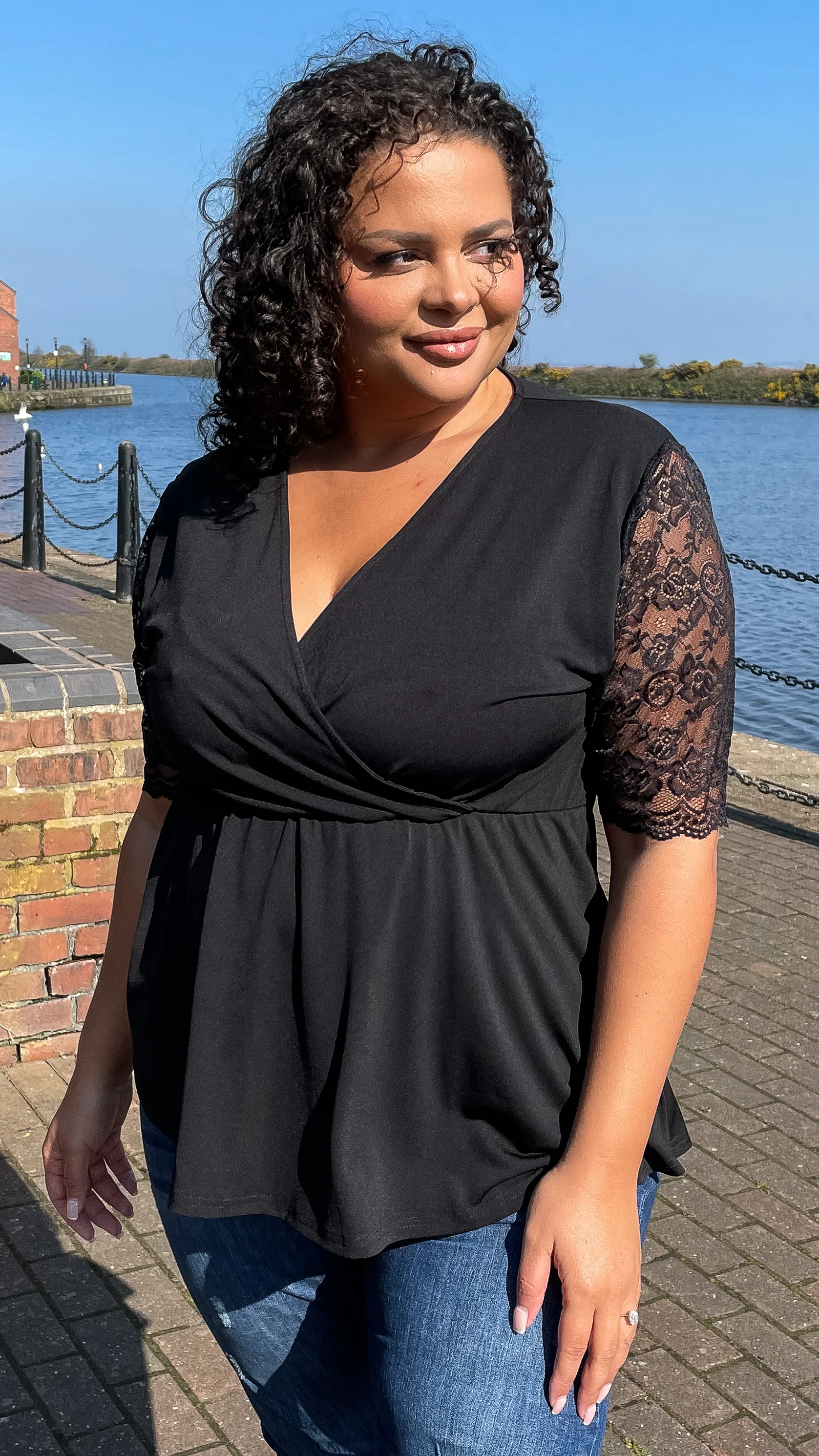 CurveWow Wrap Top With Lace Sleeves Black - Insurauncei