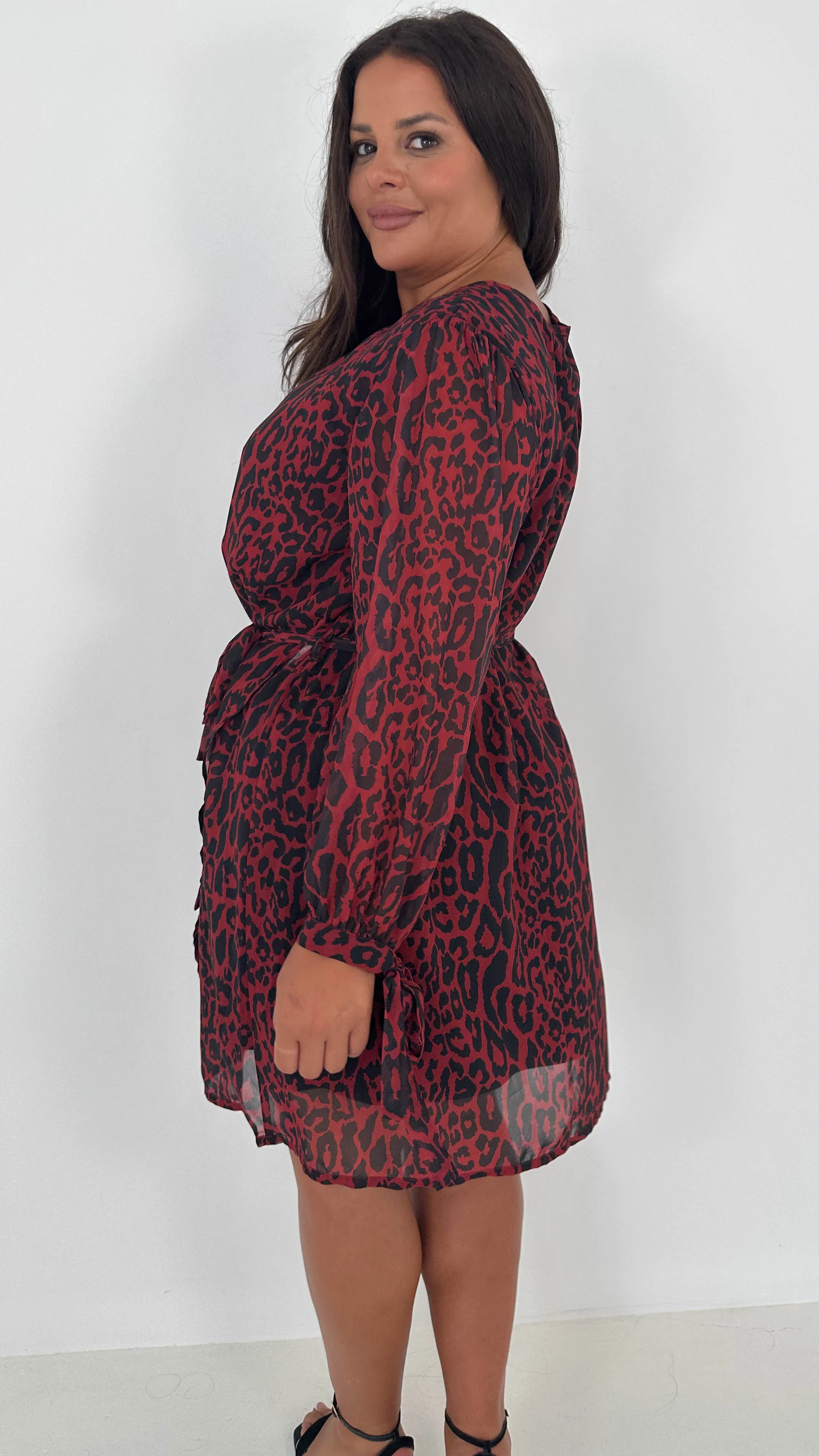 CurveWow Smock Wrap Mini Dress Red Animal - Insurauncei