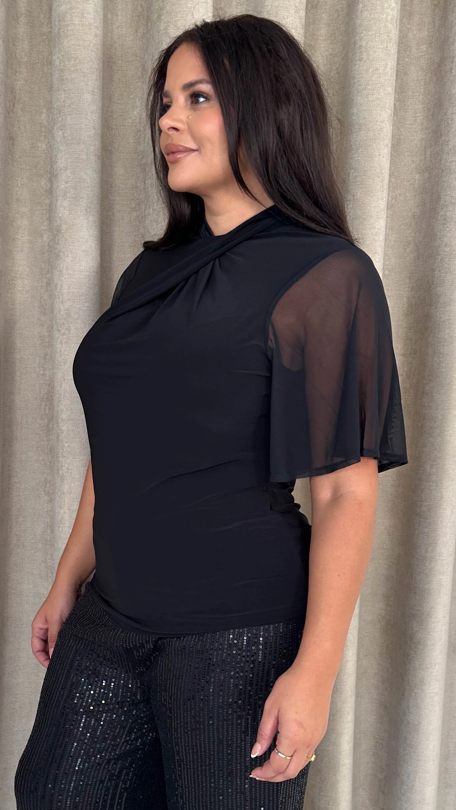 CurveWow Mesh Angel Sleeve Twist Neck Top Black - Insurauncei