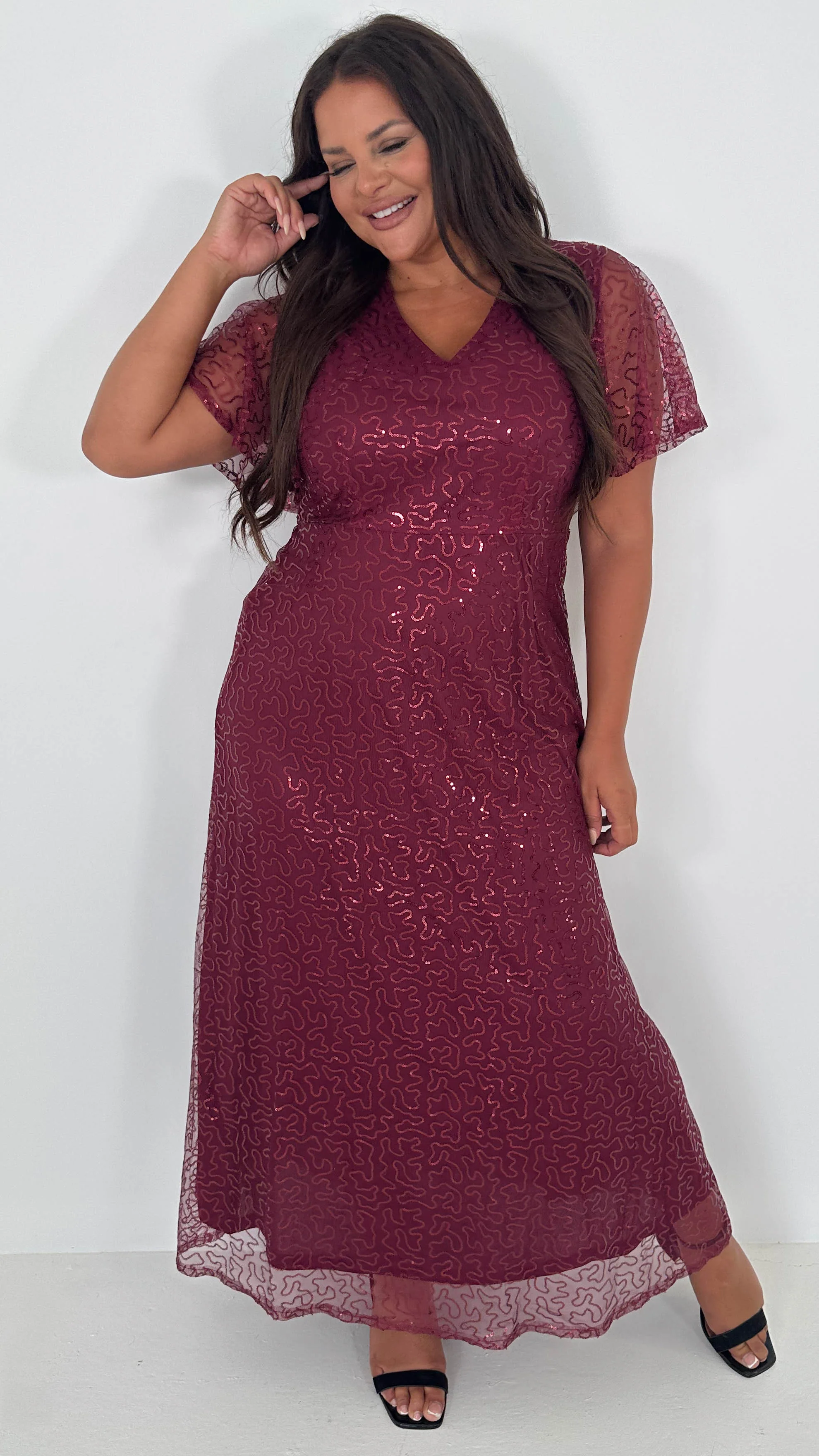 CurveWow Sequin Maxi Dress Wine - Insurauncei