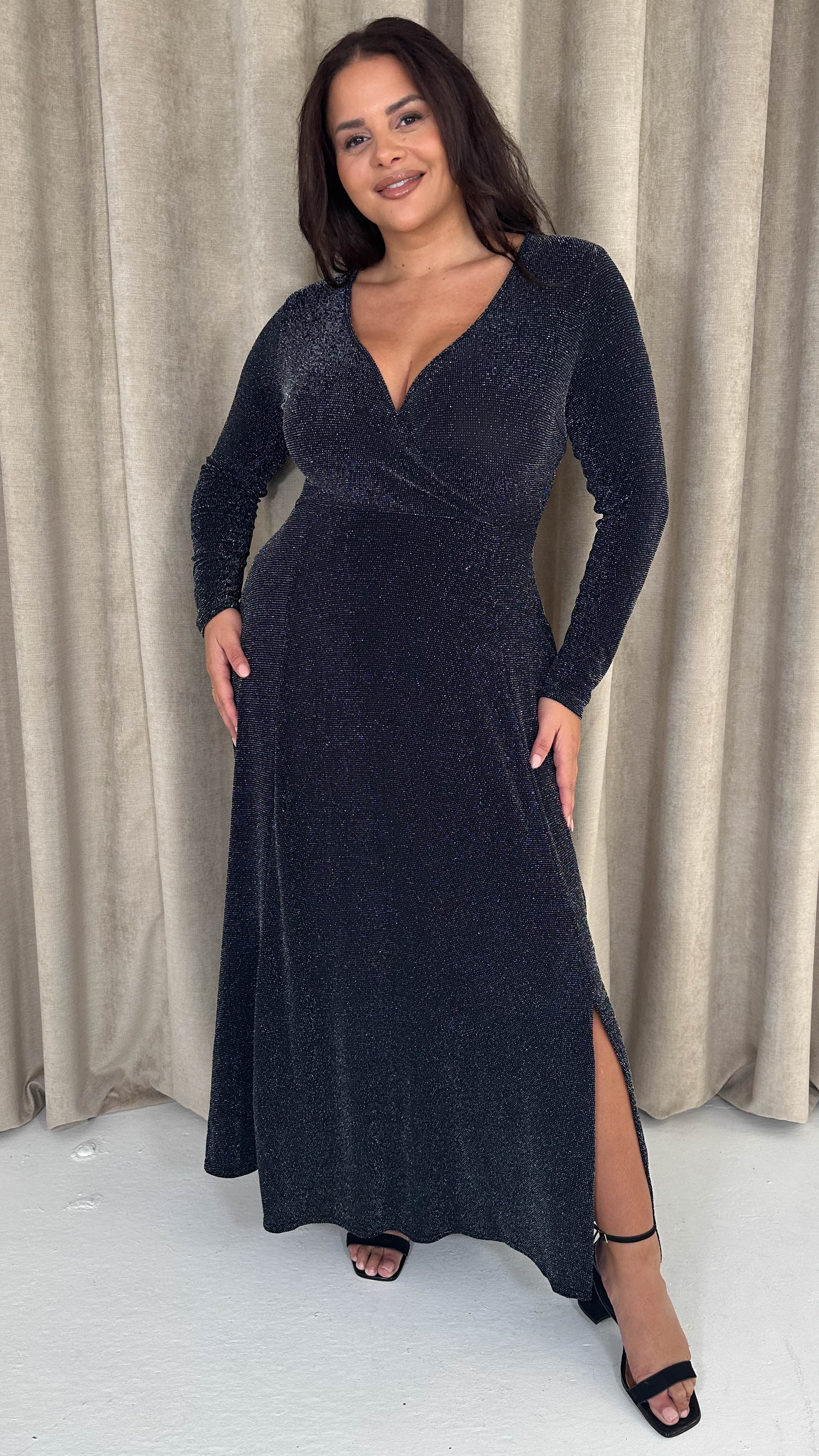 CurveWow Wrap Maxi Dress Black & Silver Sparkle - Insurauncei