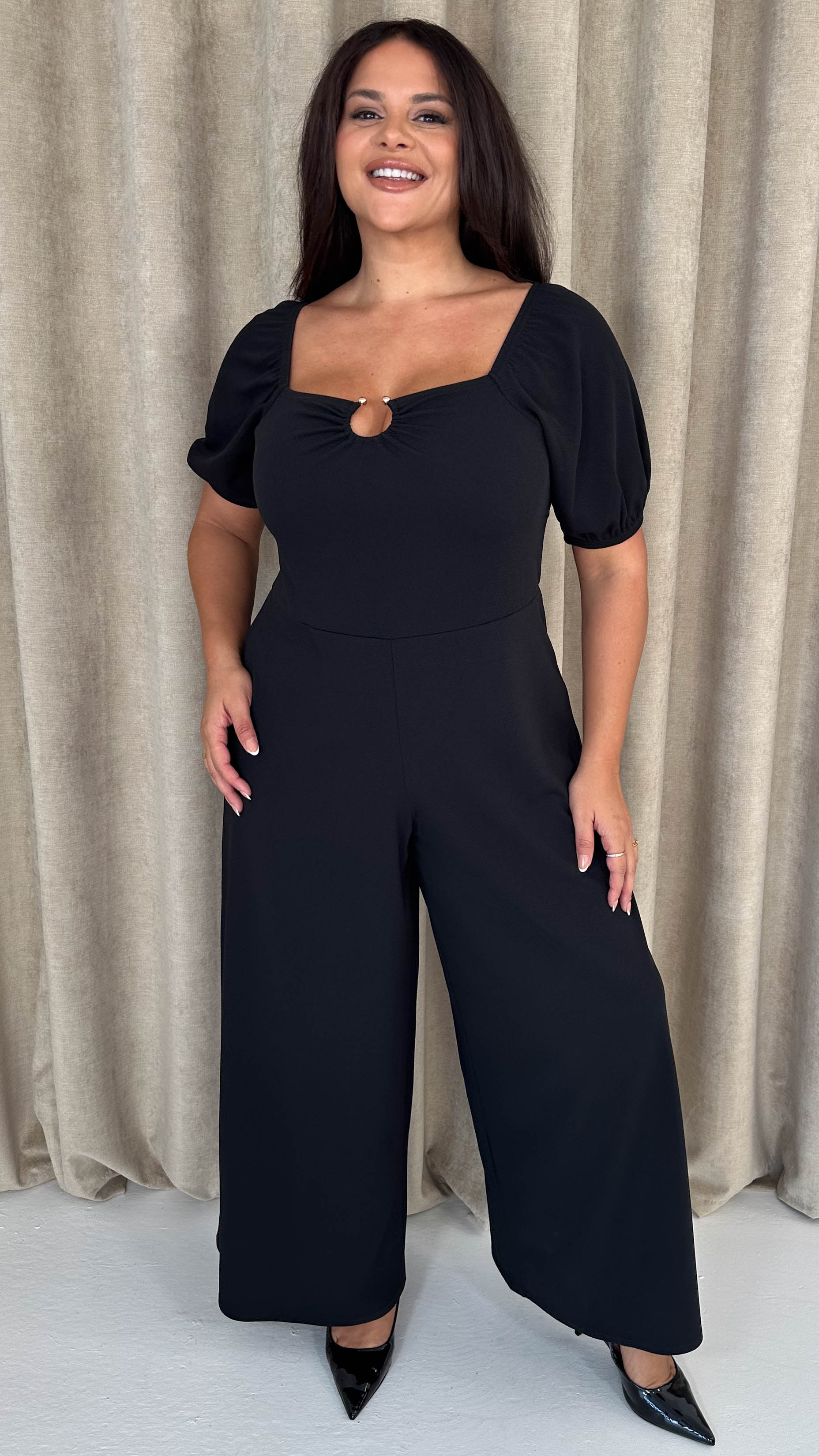 CurveWow O-Ring Milkmaid Wideleg Jumpsuit Black - Insurauncei