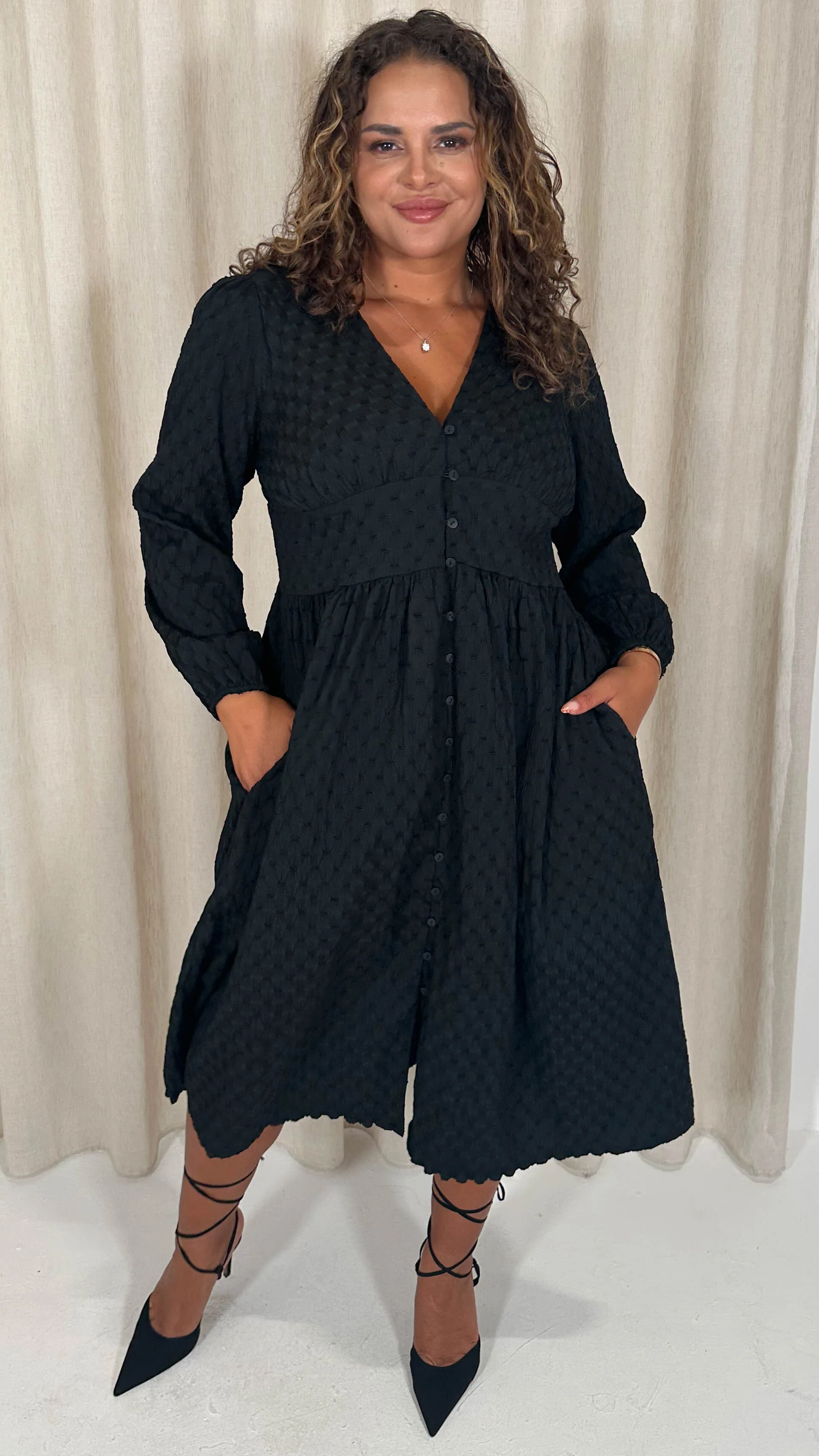 CurveWow Dobby Textured Button Front Midi Dress Black - Insurauncei