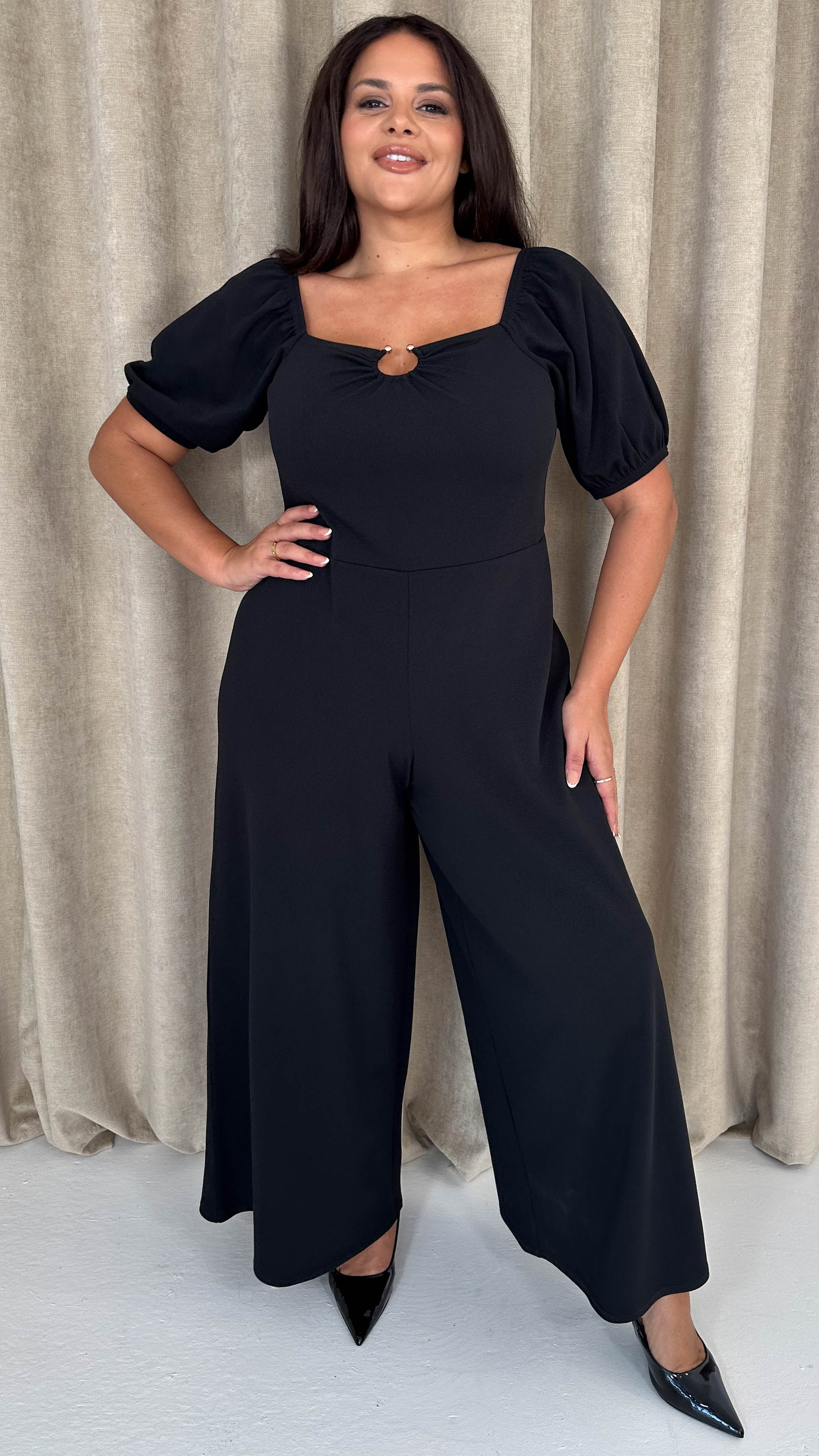 CurveWow O-Ring Milkmaid Wideleg Jumpsuit Black - Insurauncei
