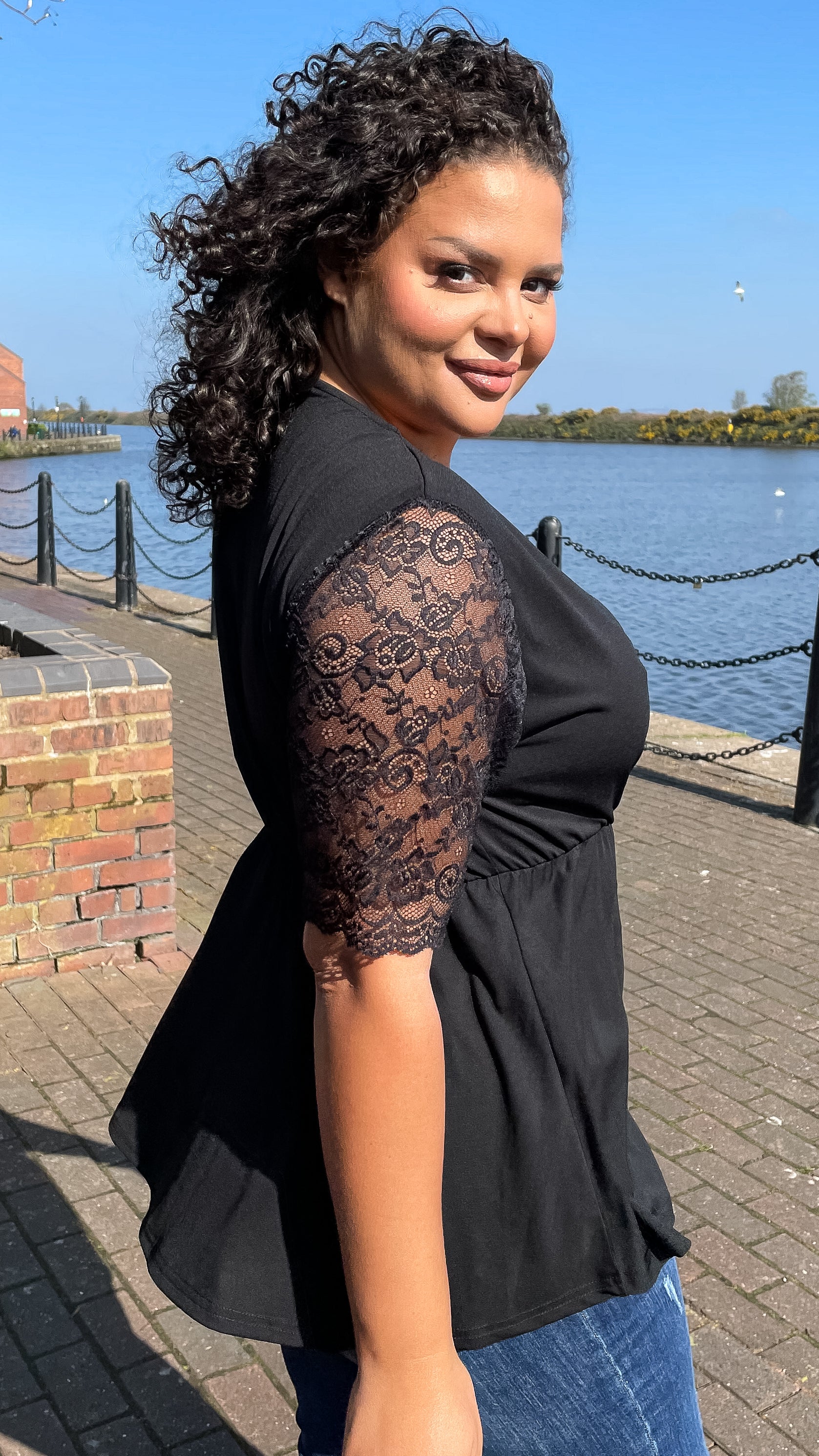 CurveWow Wrap Top With Lace Sleeves Black - Insurauncei