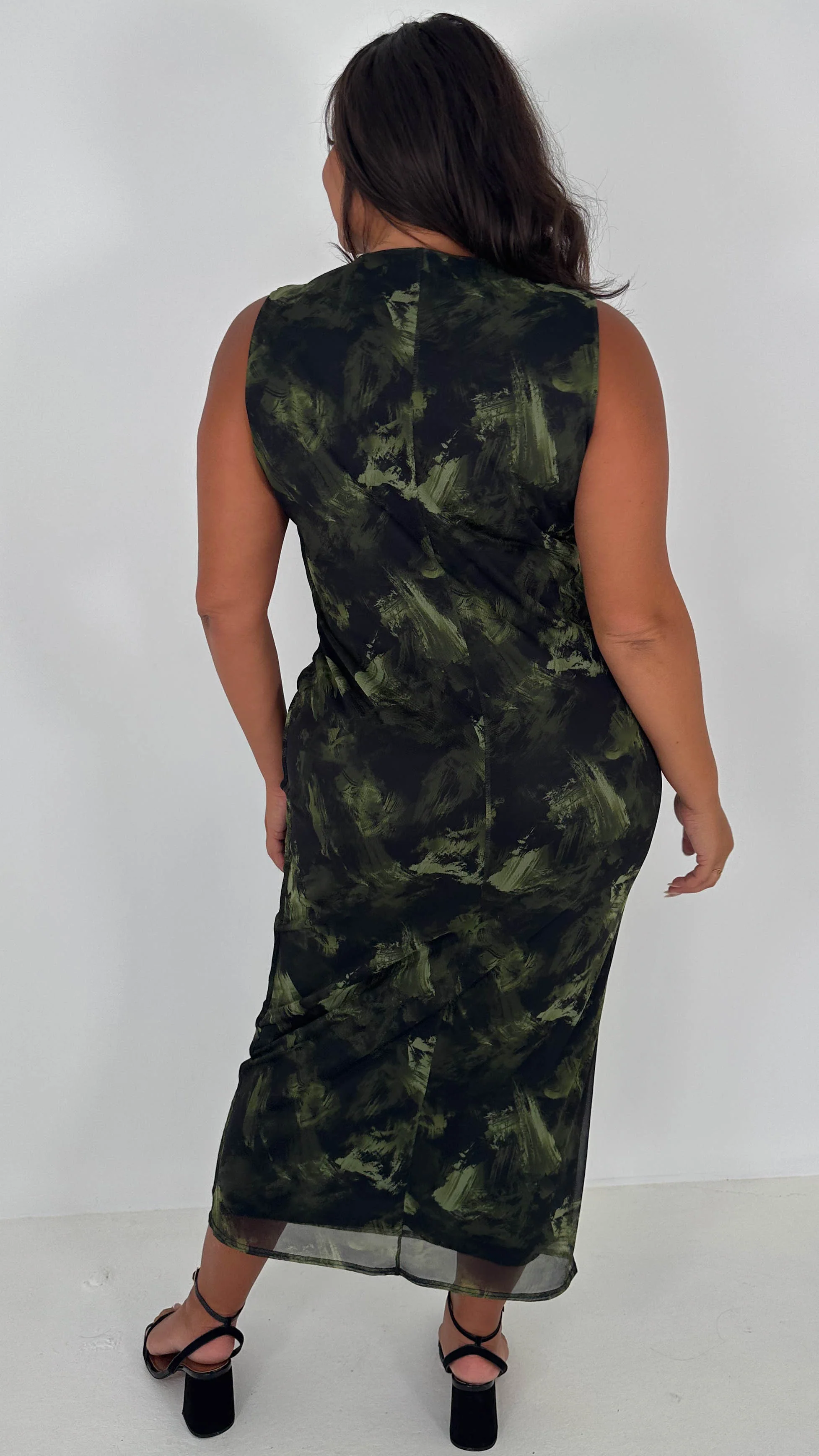 CurveWow Cowl Neck Mesh Midaxi Dress Green Brushstroke - Insurauncei