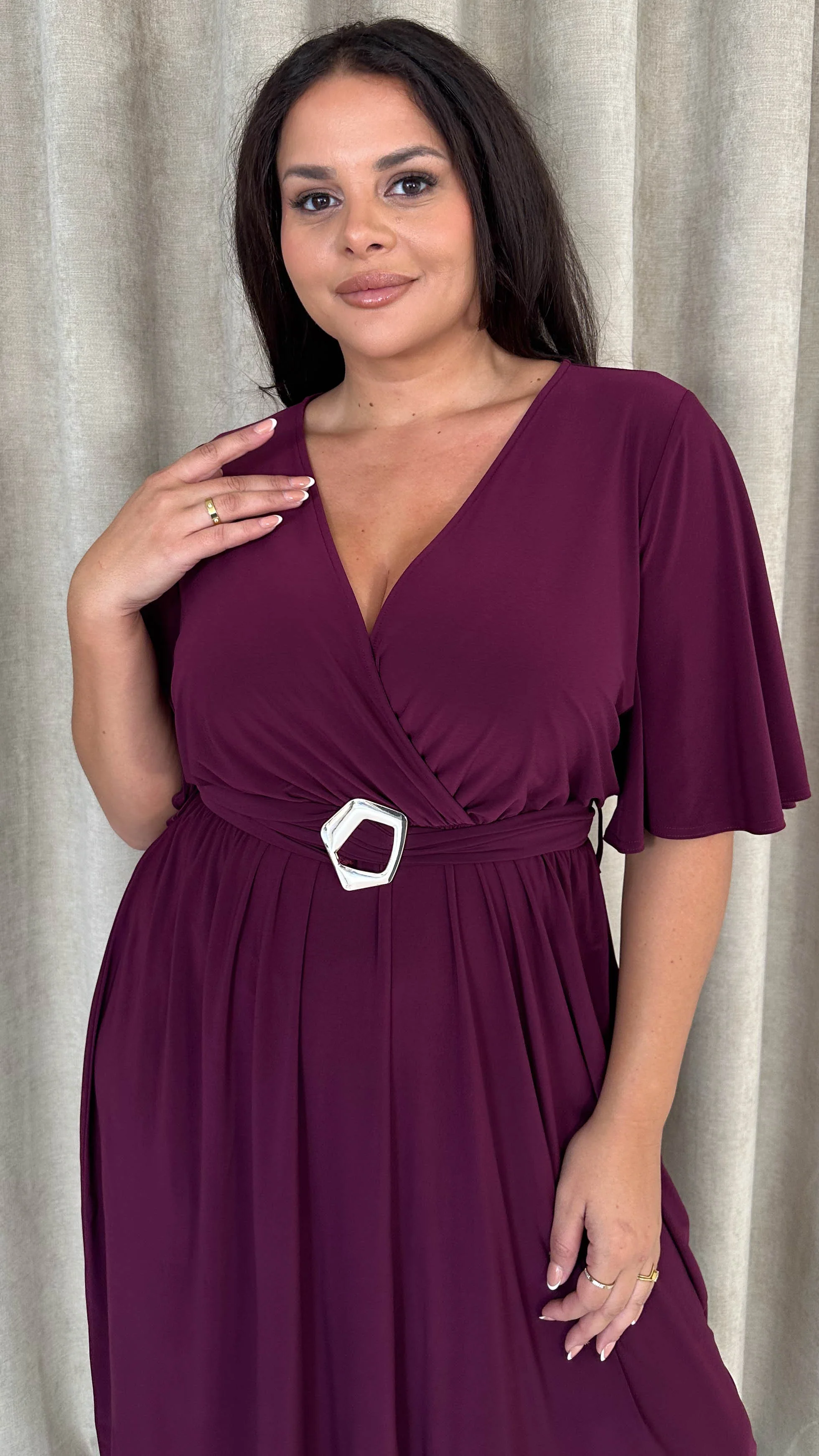 CurveWow Irregular Buckle Split Front Wrap Dress Plum - Insurauncei