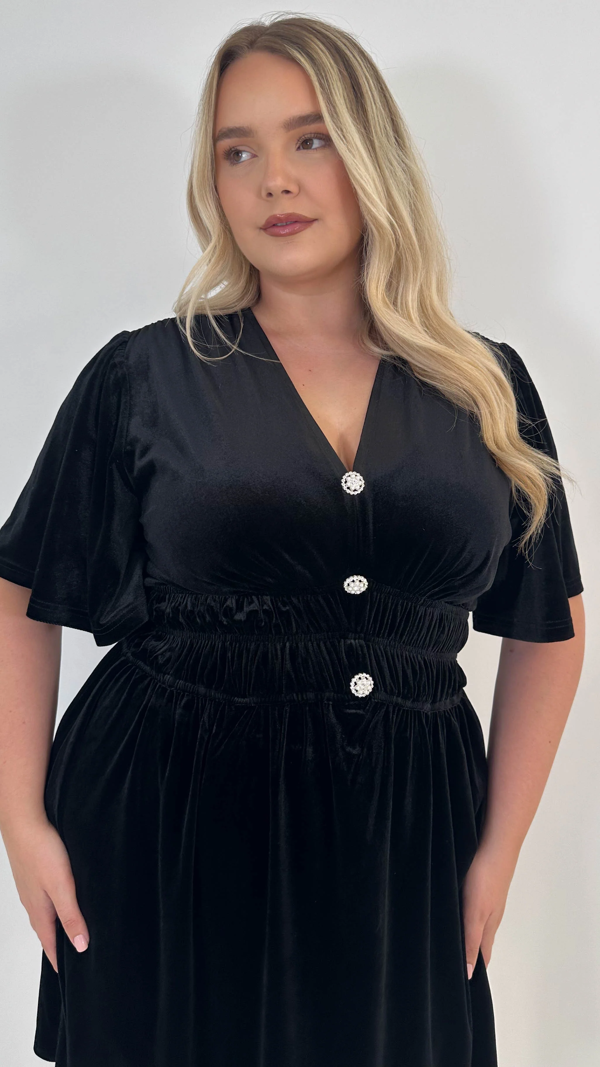 CurveWow Velvet Diamante Button Front Mini Dress Black - Insurauncei