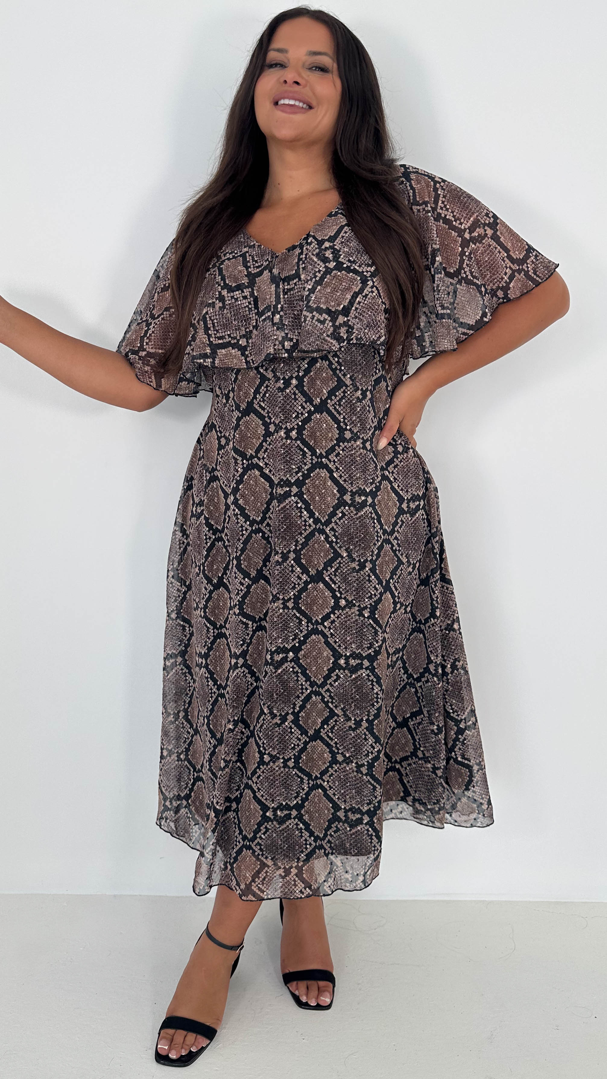 CurveWow Cape Frill Midaxi Dress Snake Print - Insurauncei