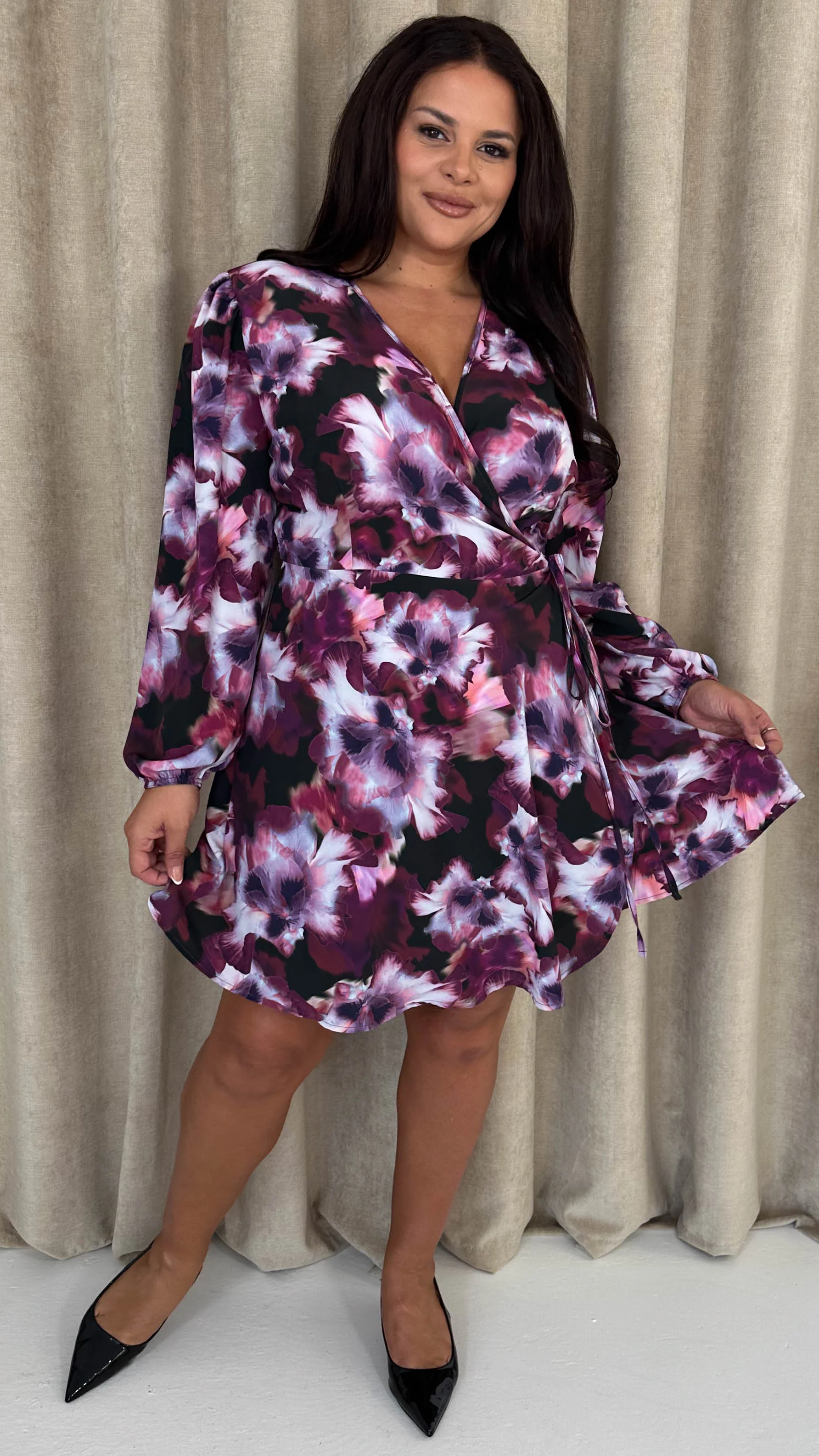 CurveWow Balloon Sleeve Wrap Mini Dress Multi Floral - Insurauncei