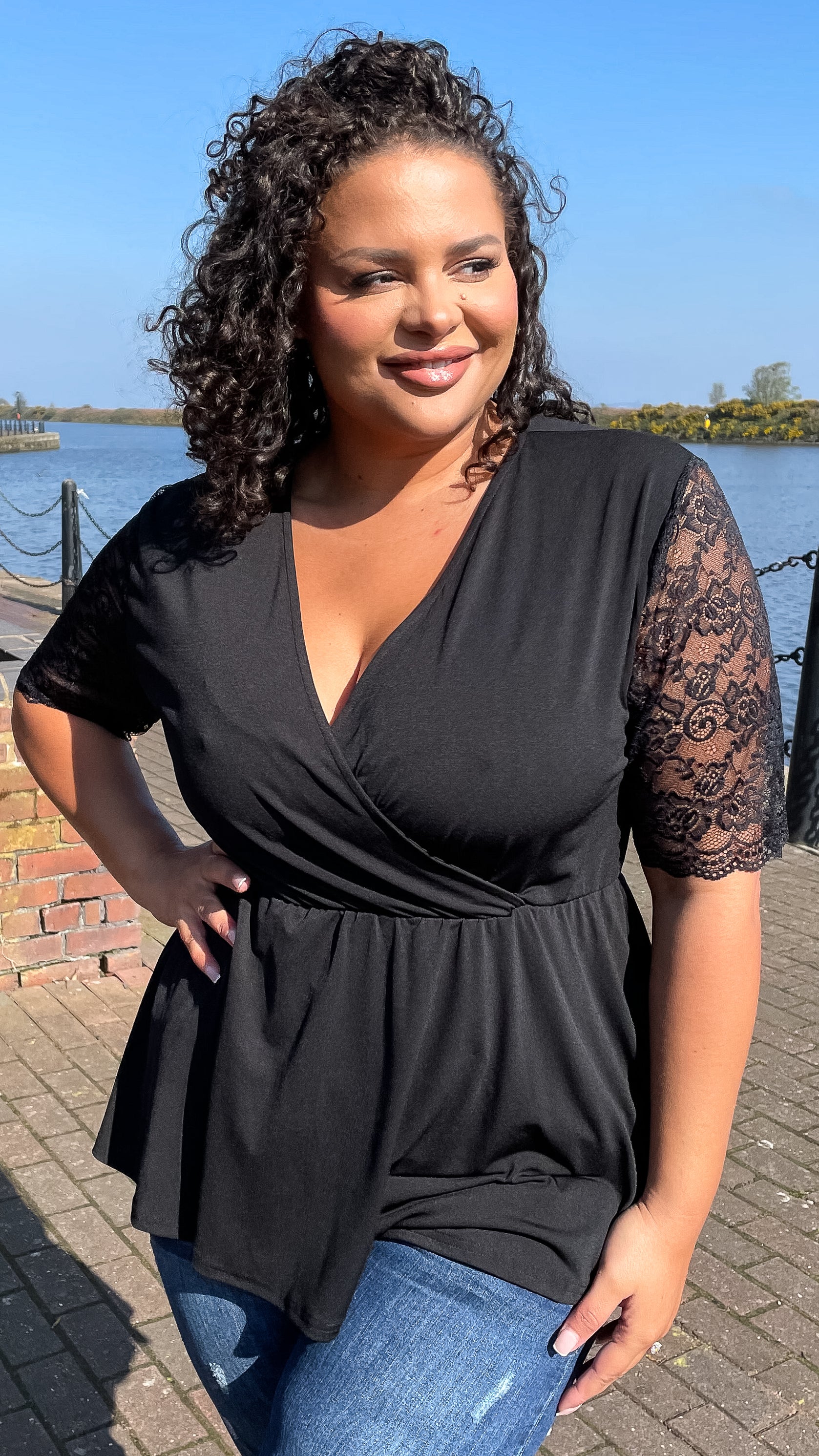 CurveWow Wrap Top With Lace Sleeves Black - Insurauncei