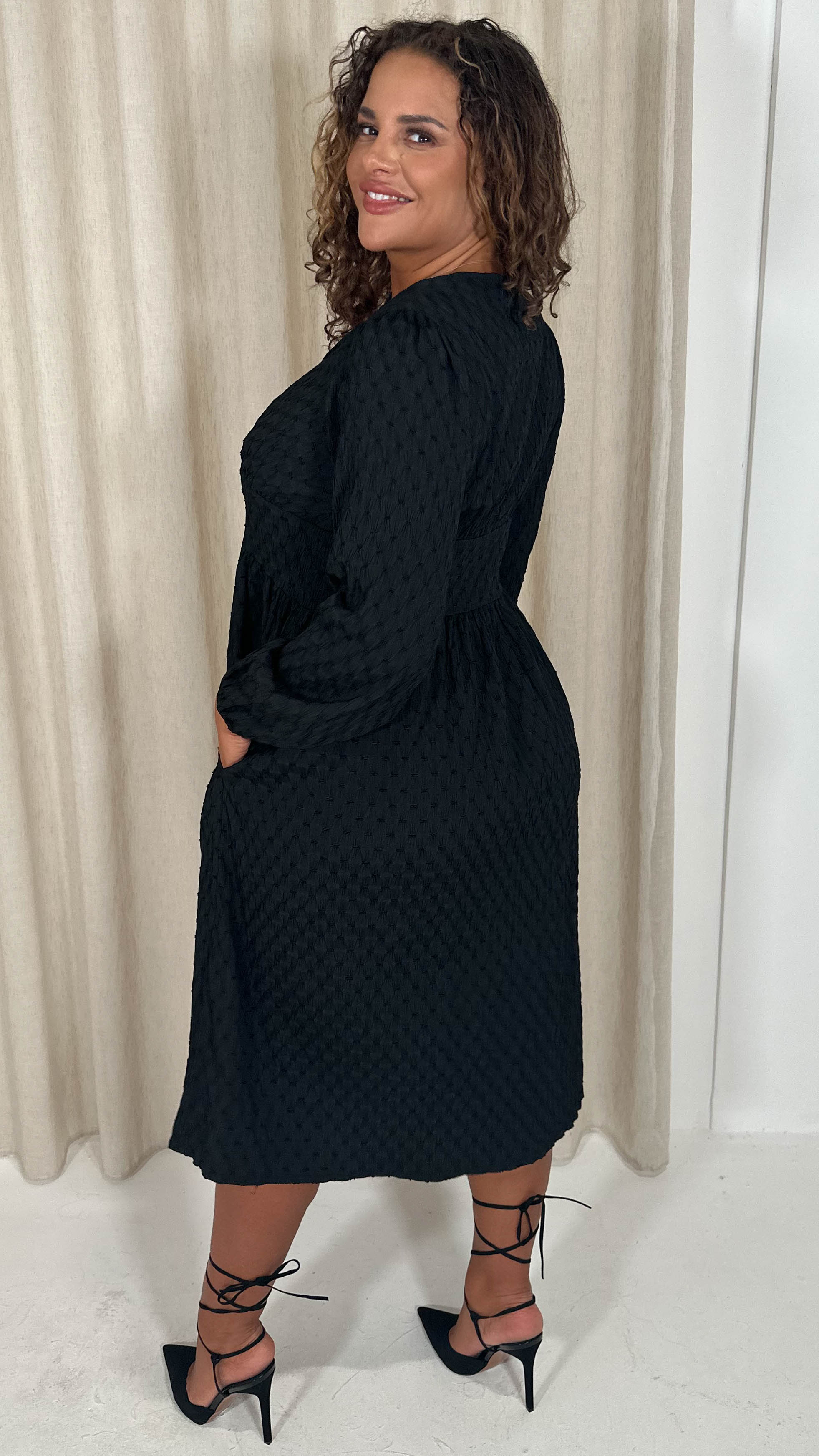 CurveWow Dobby Textured Button Front Midi Dress Black - Insurauncei