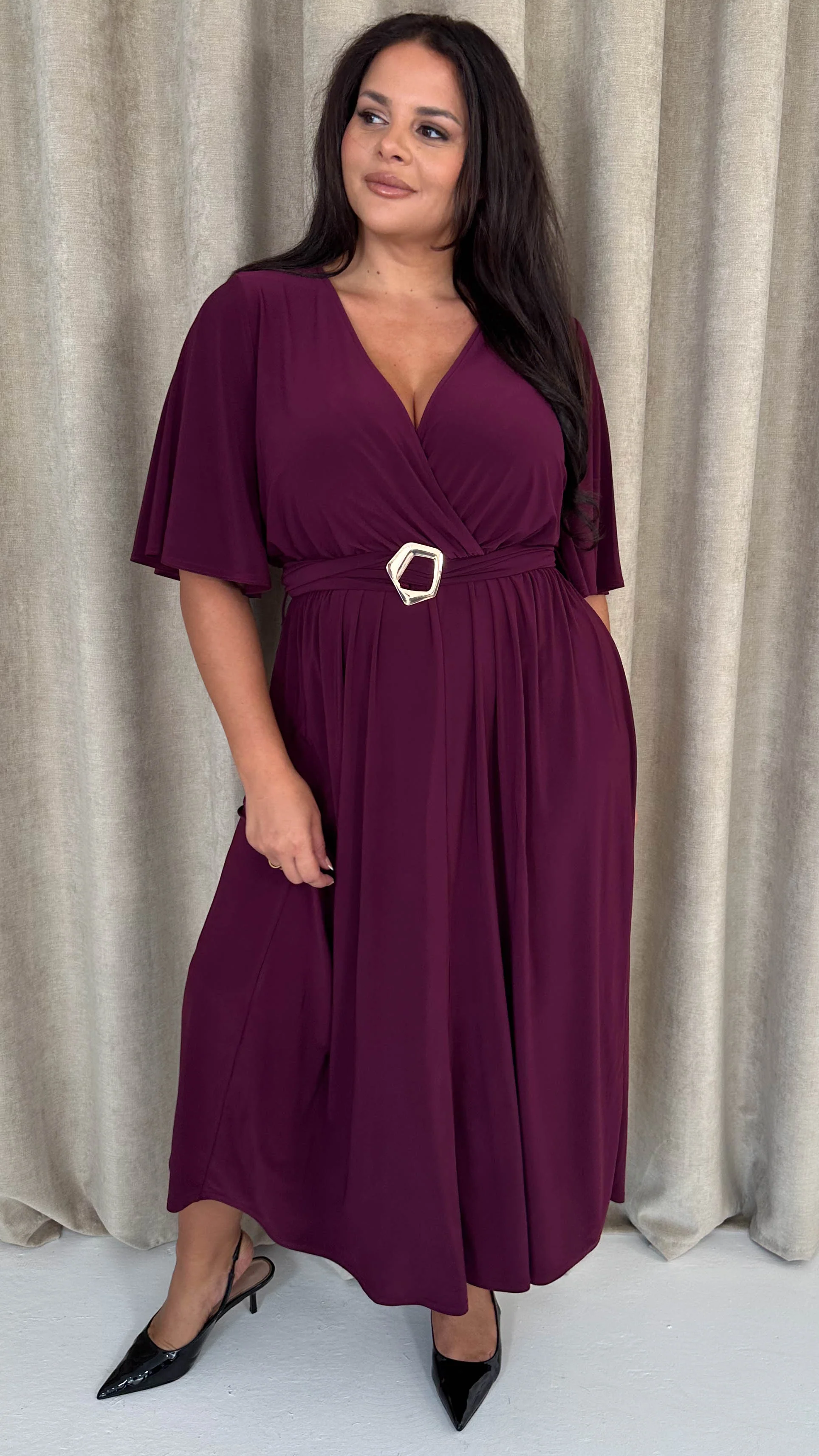 CurveWow Irregular Buckle Split Front Wrap Dress Plum - Insurauncei