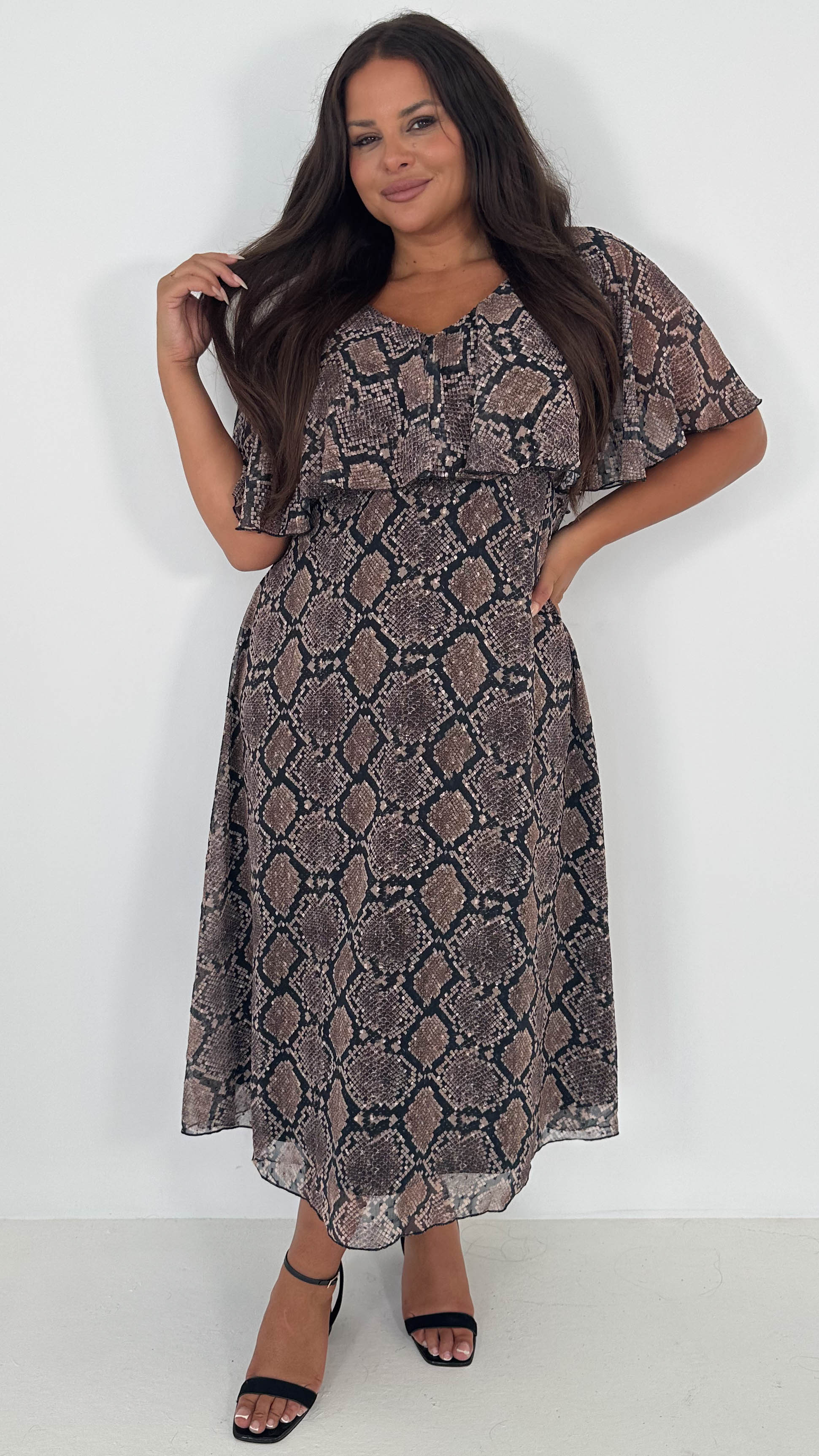 CurveWow Cape Frill Midaxi Dress Snake Print - Insurauncei