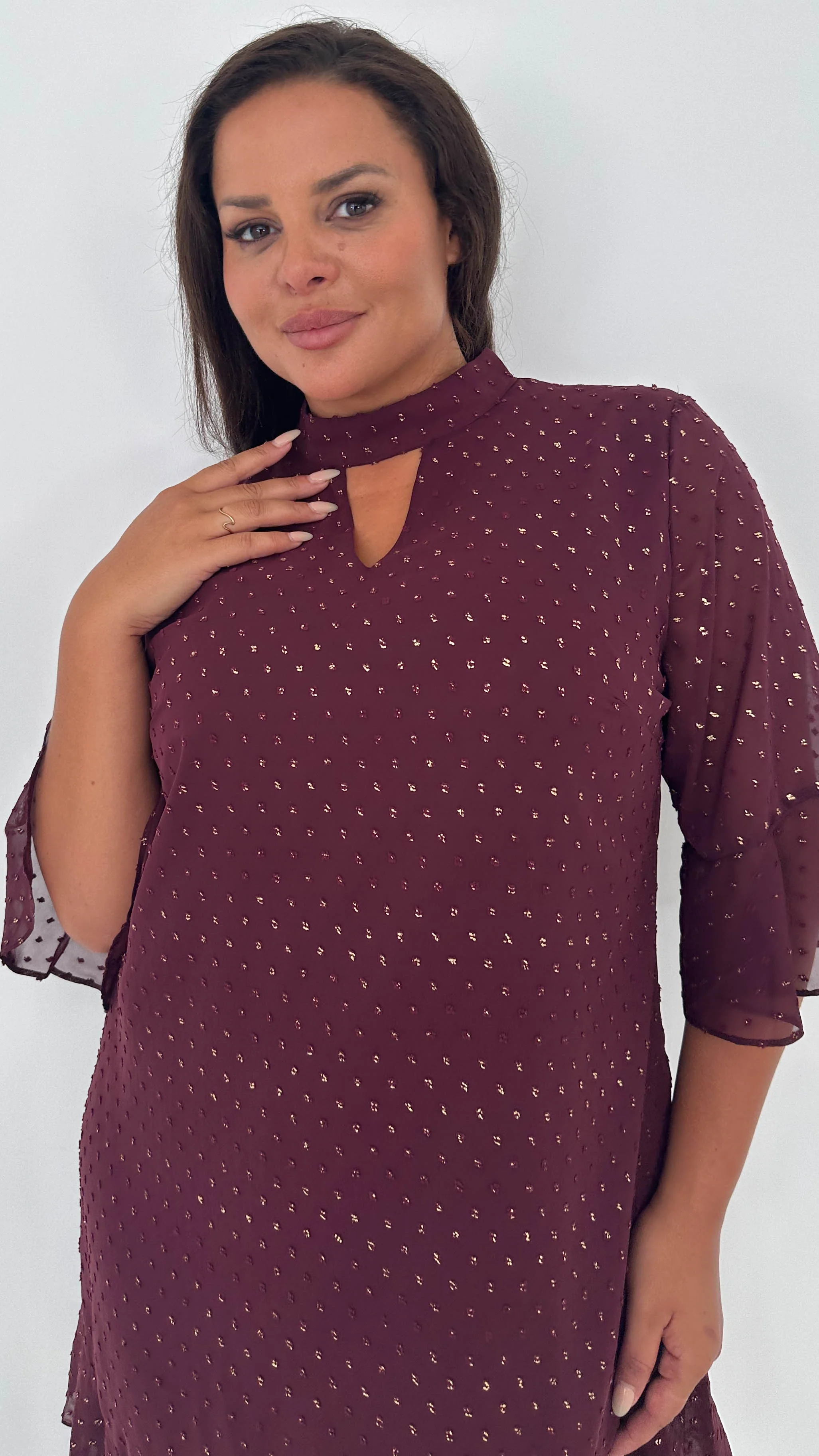 CurveWow Gold Spot Keyhole Shift Dress Plum - Insurauncei