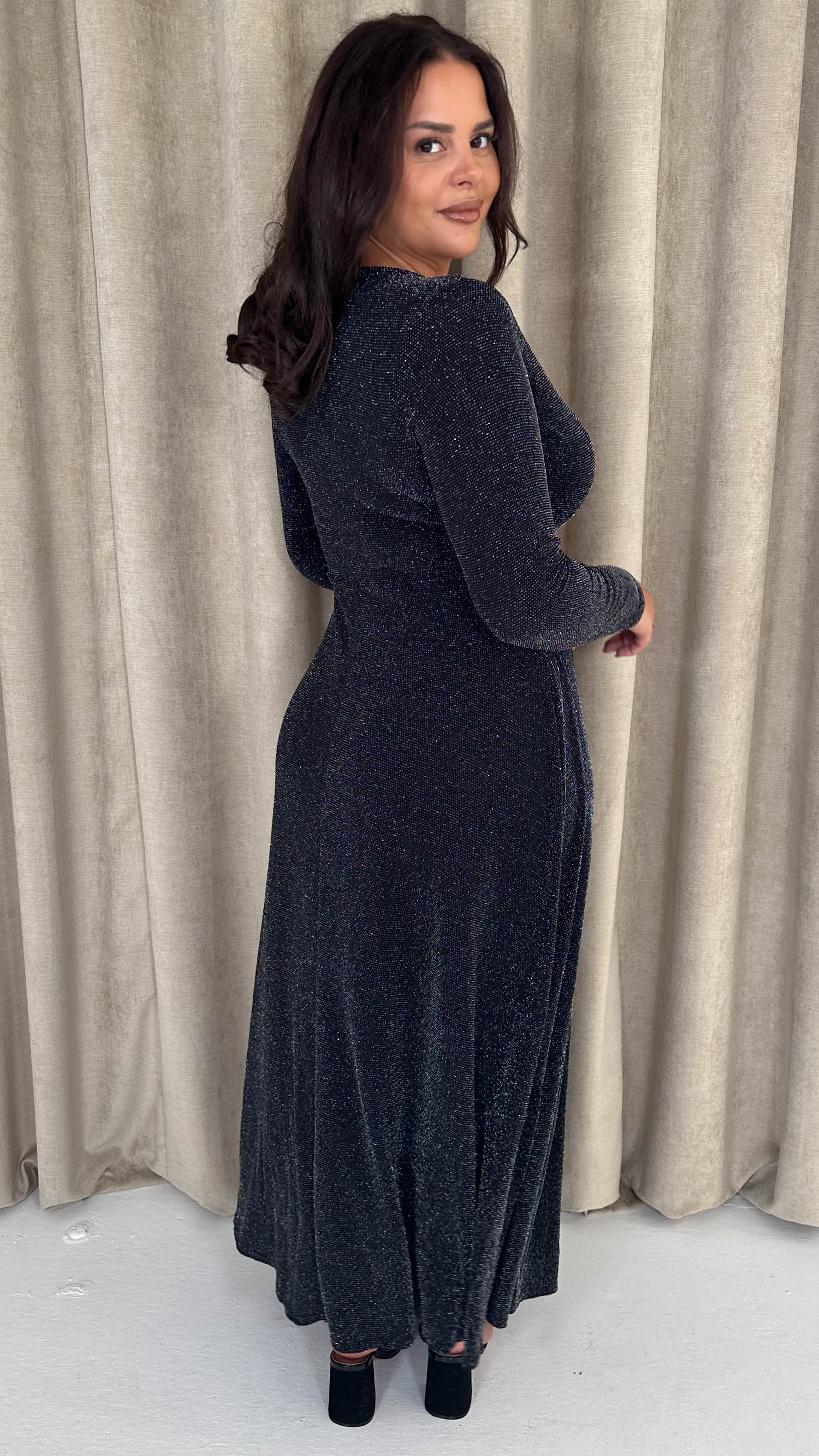 CurveWow Wrap Maxi Dress Black & Silver Sparkle - Insurauncei