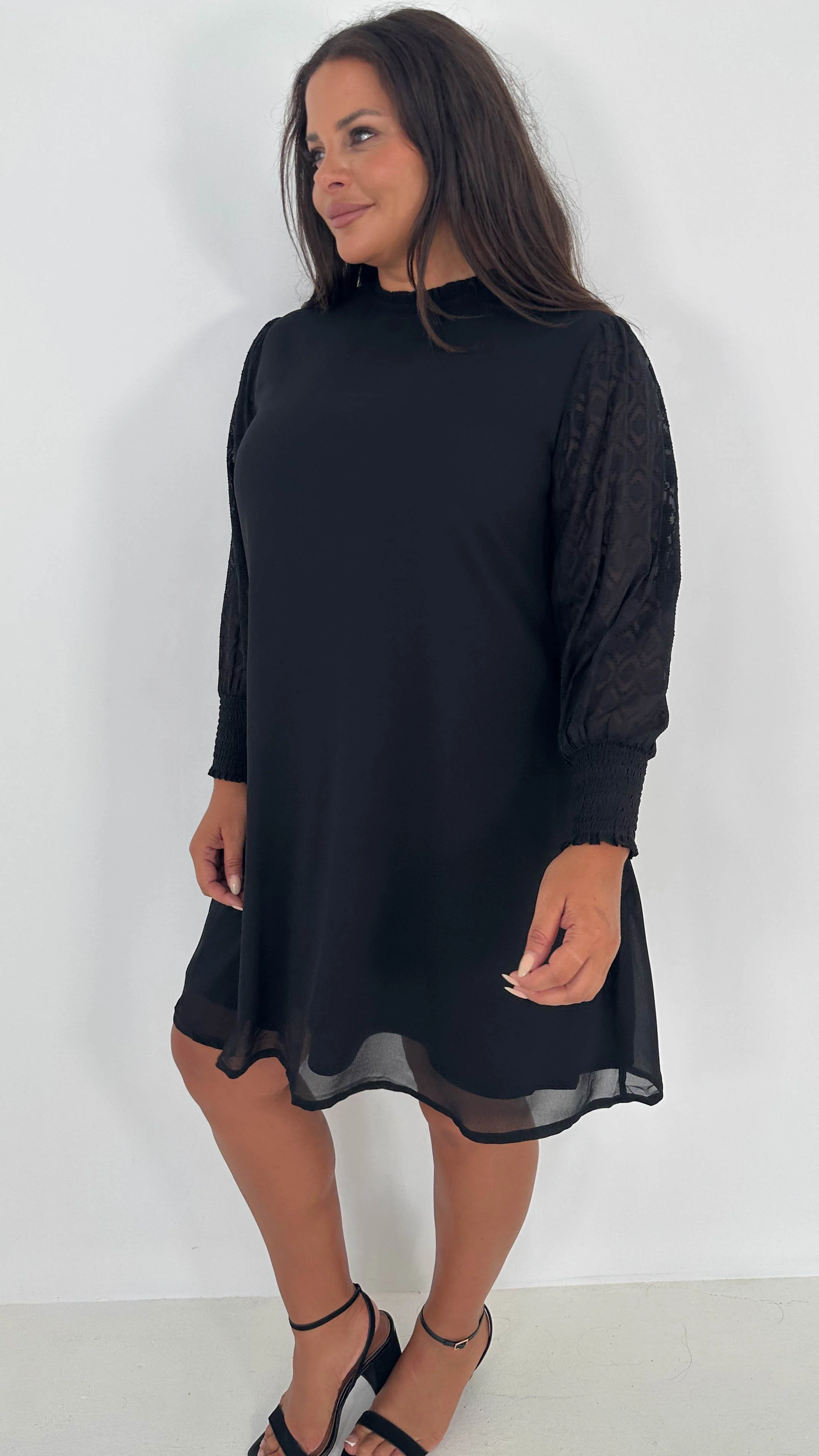 CurveWow Black Sheer Sleeve Shift Dress - Insurauncei