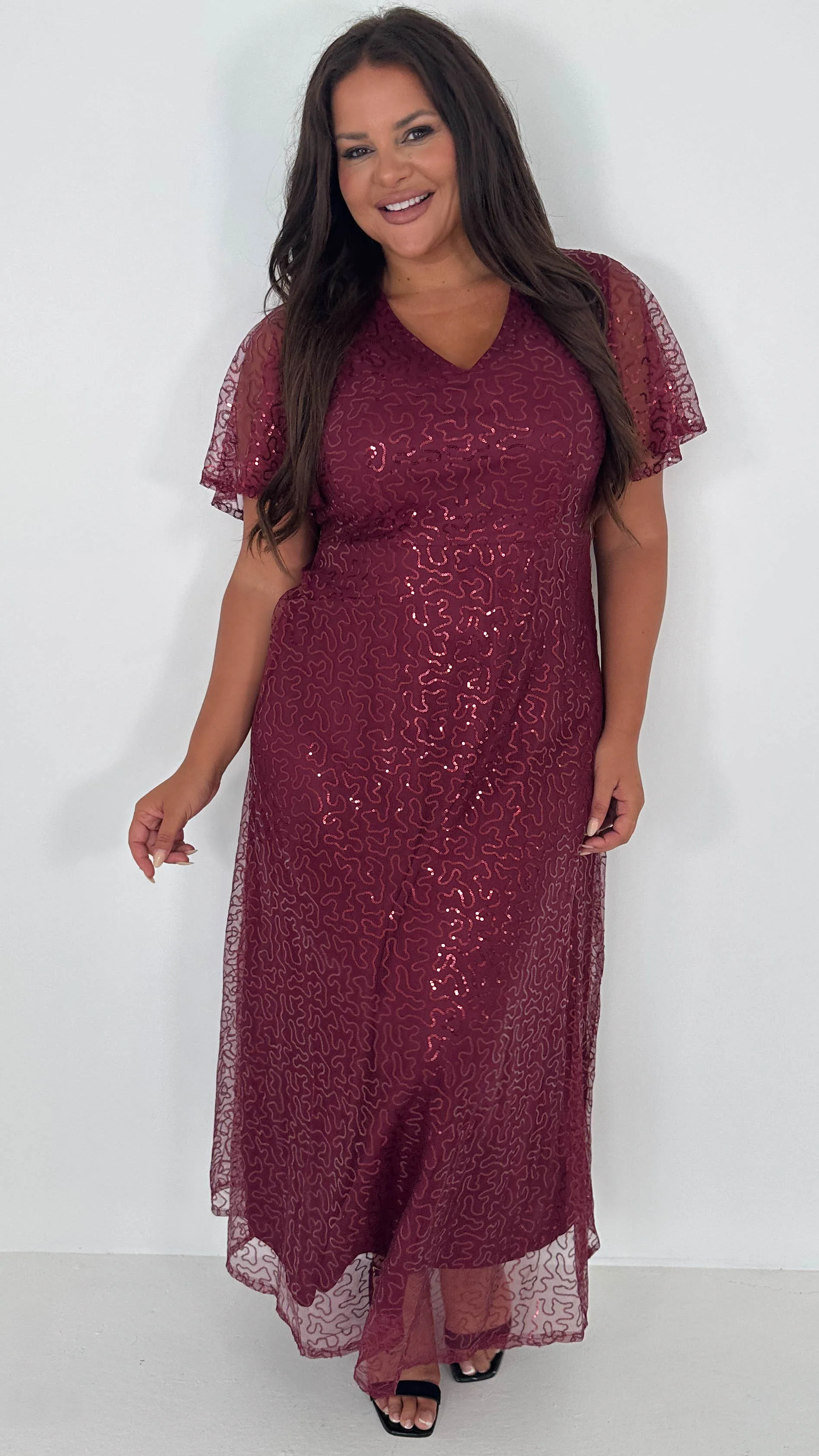 CurveWow Sequin Maxi Dress Wine - Insurauncei