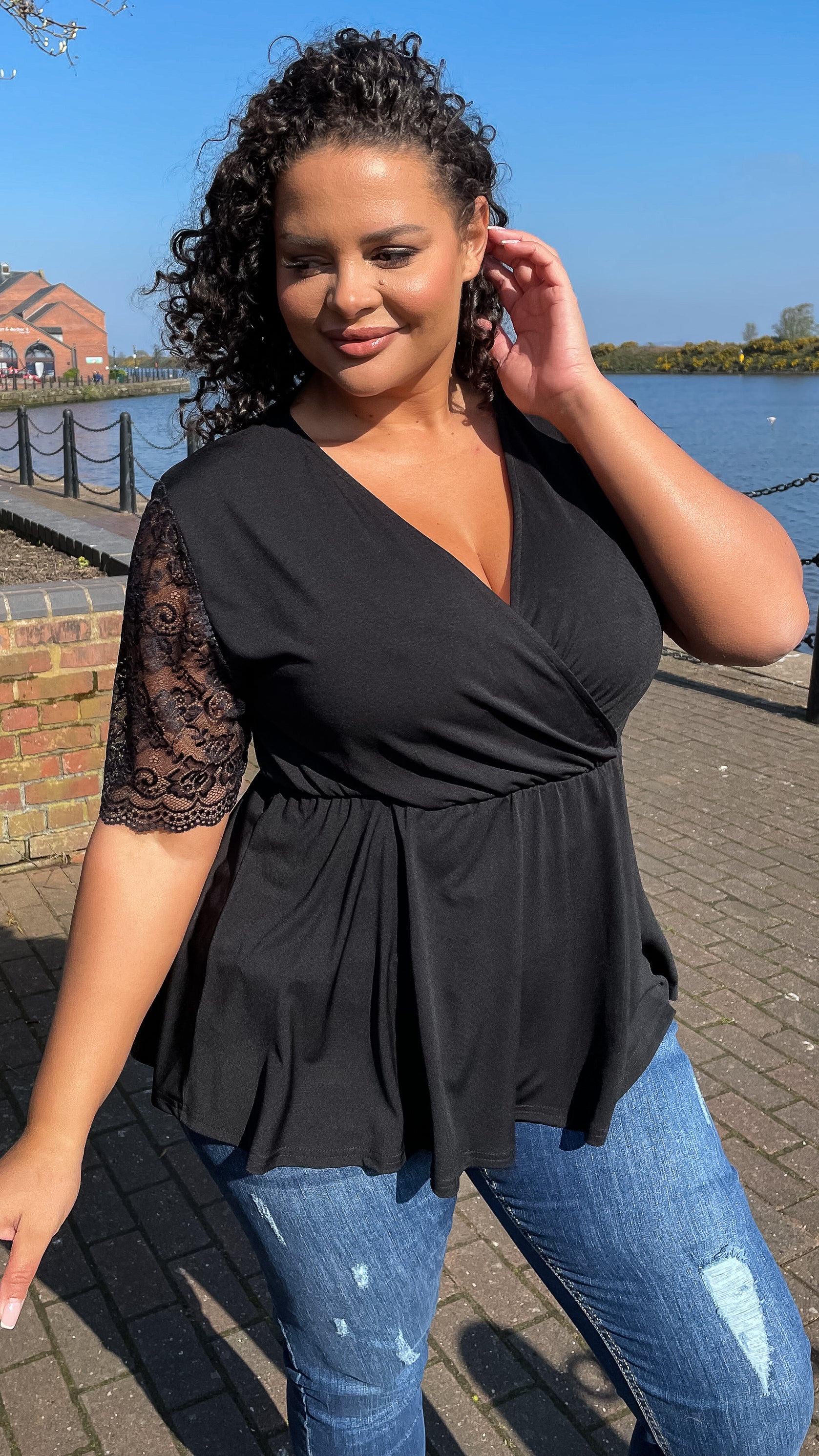 CurveWow Wrap Top With Lace Sleeves Black - Insurauncei