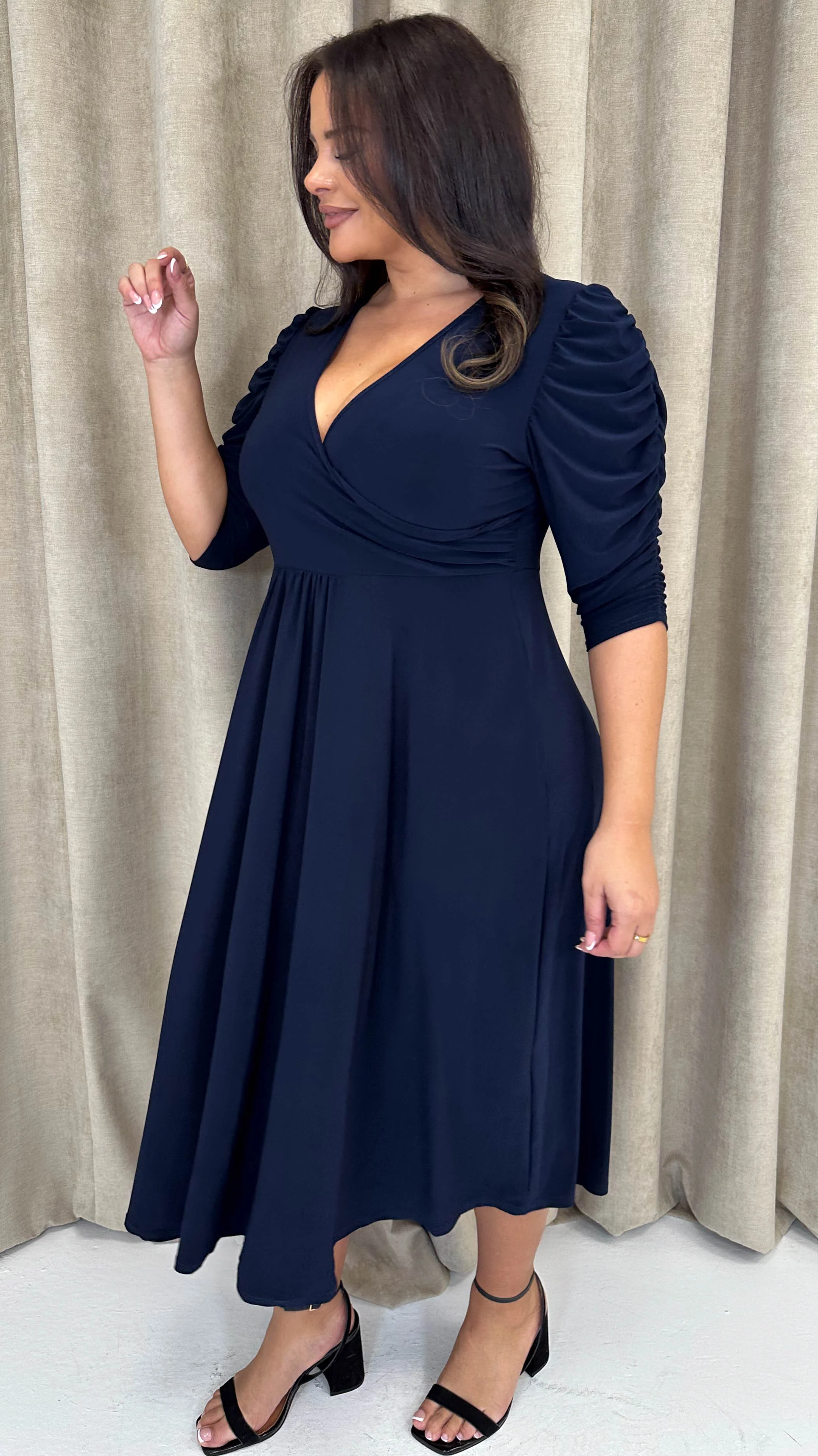 CurveWow 3/4 Balloon Sleeve Wrap Midi Dress Navy - Insurauncei