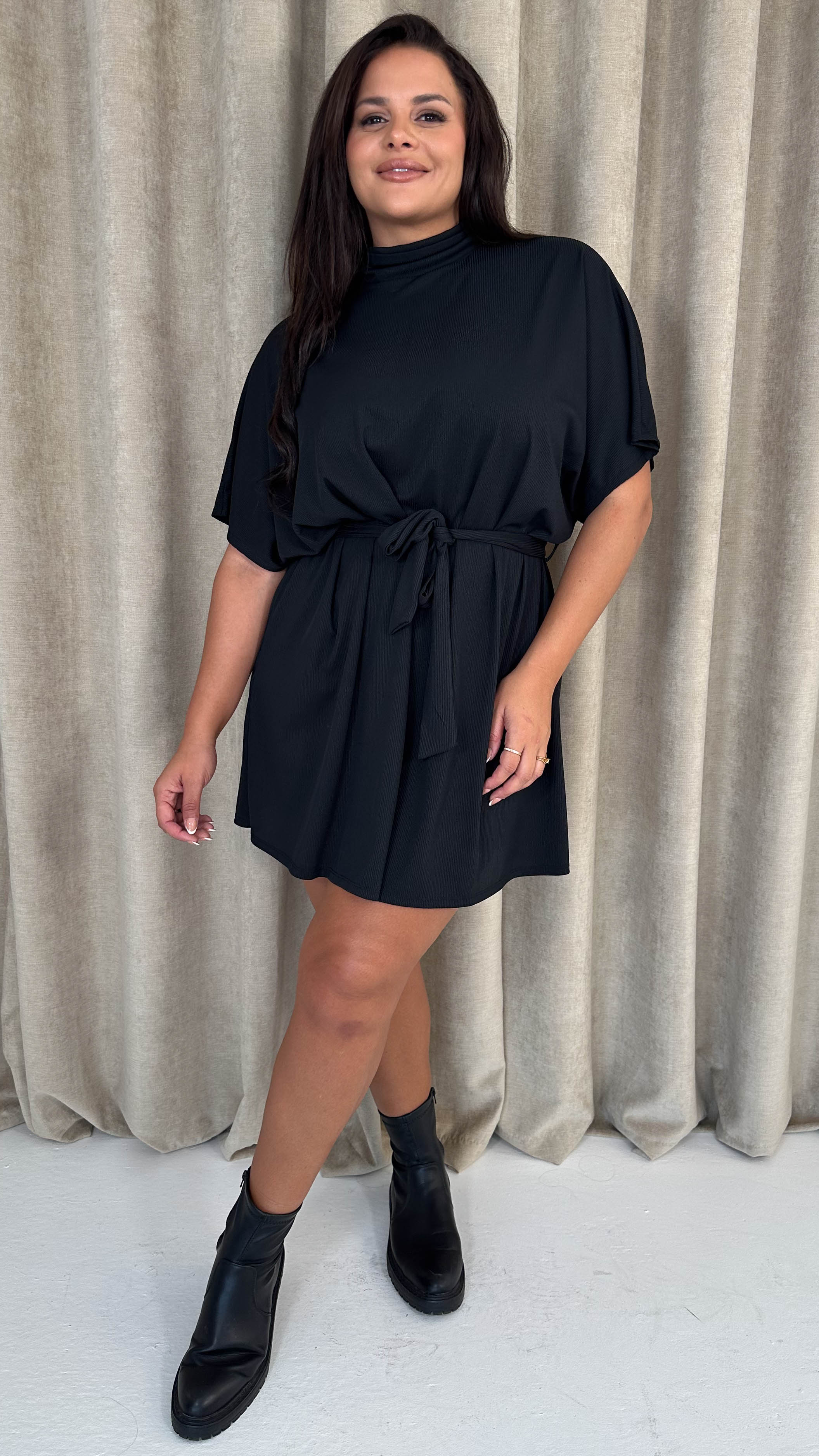 CurveWow High Neck Tie Waist Mini Dress Black - Insurauncei