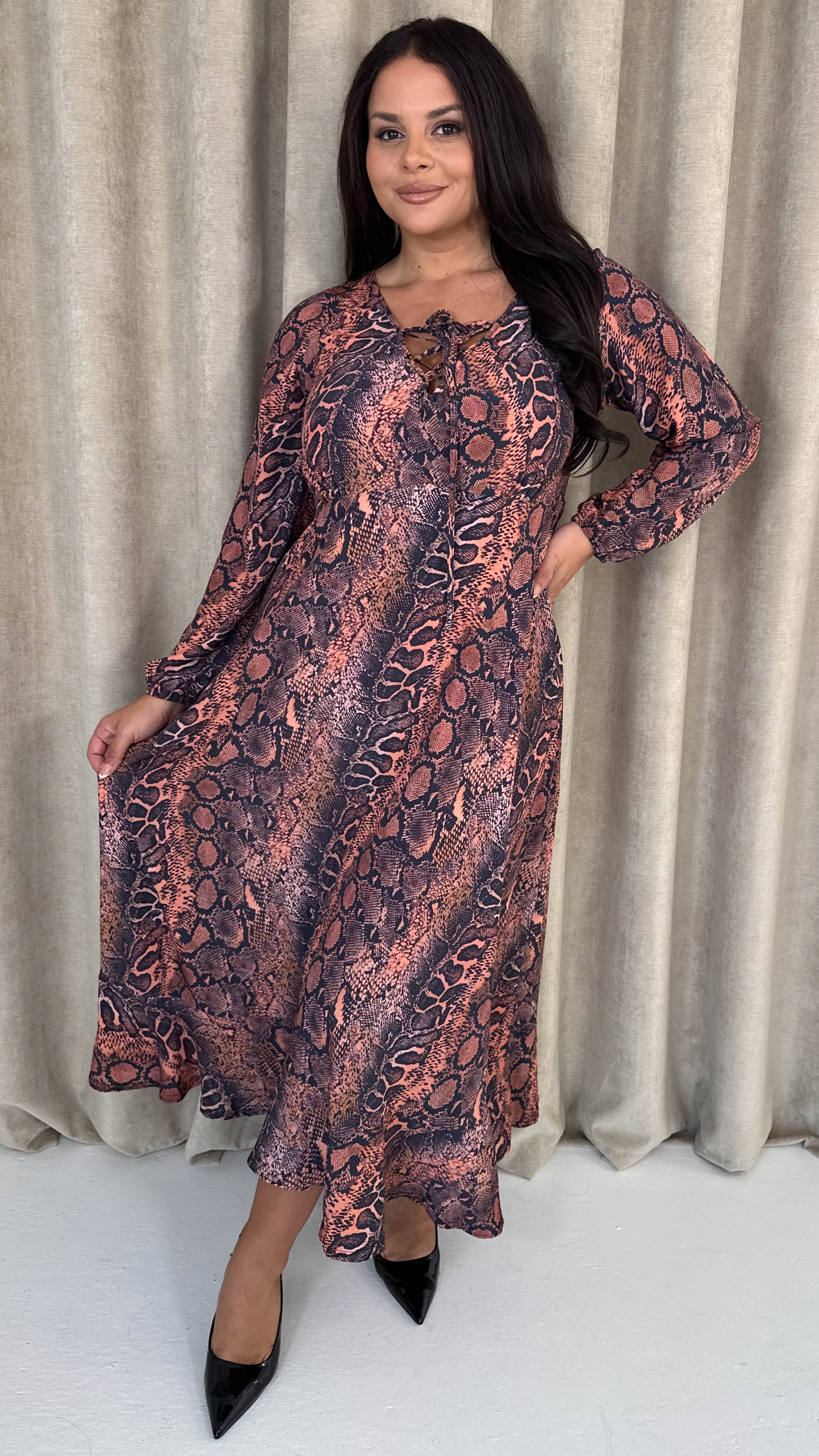 CurveWow Lace Front Frill Hem Midi Dress Snake - Insurauncei